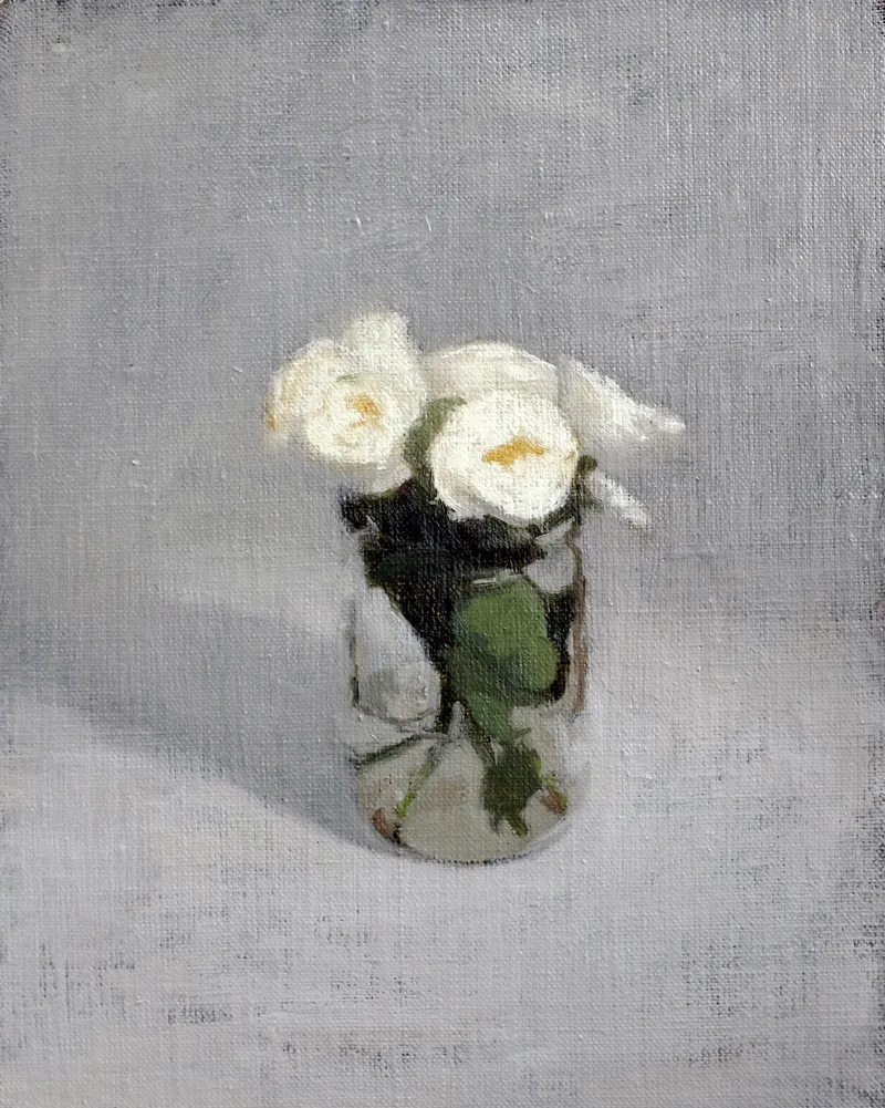 Flowers in a Mason Jar, 2016. Oil on linen panel, 35 × 28 cm.