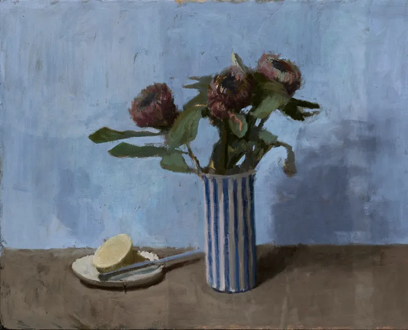 Flowers in a Striped Vase, 2019. Oil on panel, 41 × 50 cm.