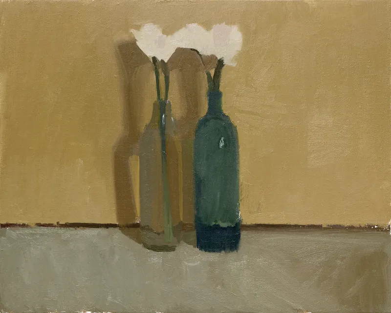 Flowers in Two Bottles, 2018. Oil on linen, 40 × 50 cm.