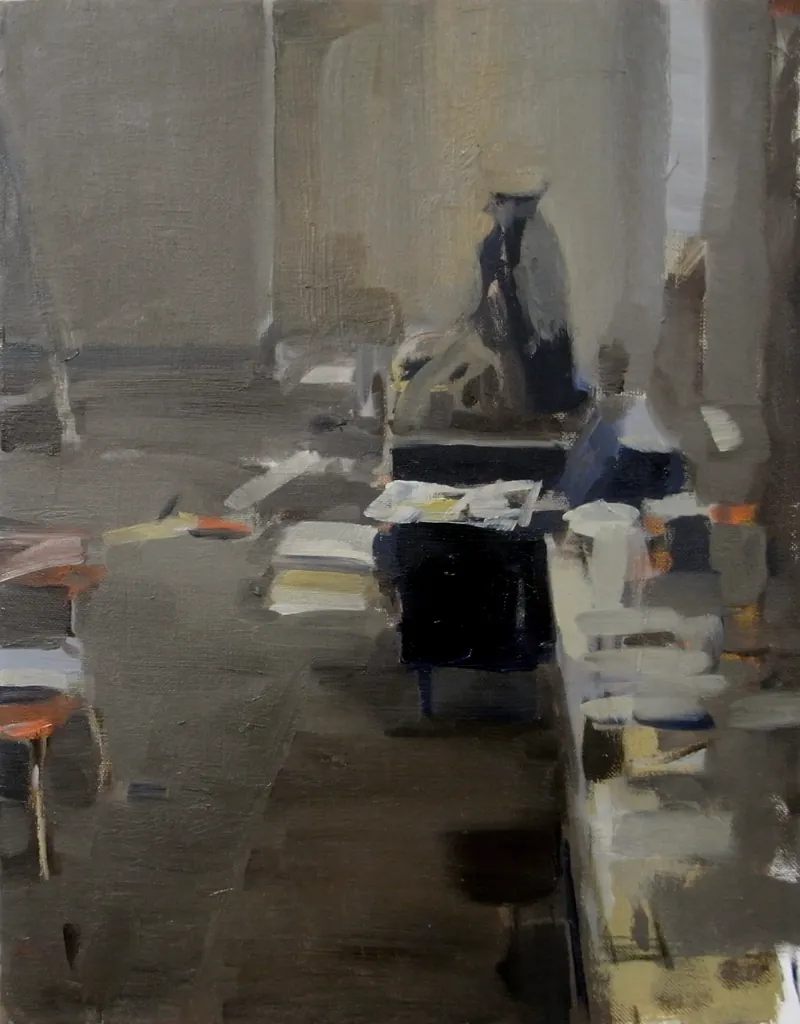 Leipzig Studio (Blue Chair), 2009. Oil on canvas, 35 × 28 cm.