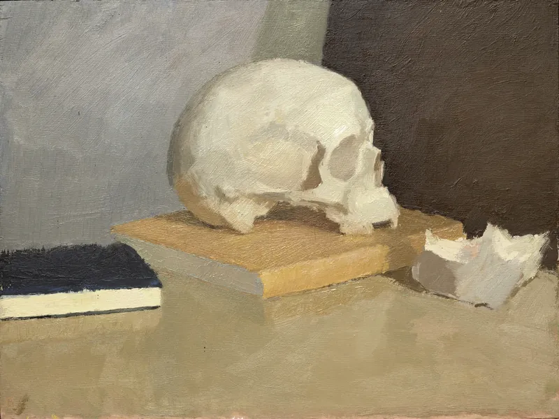 Skull and Sketchbooks, 2018. Oil on panel, 30.5 × 40.5 cm.